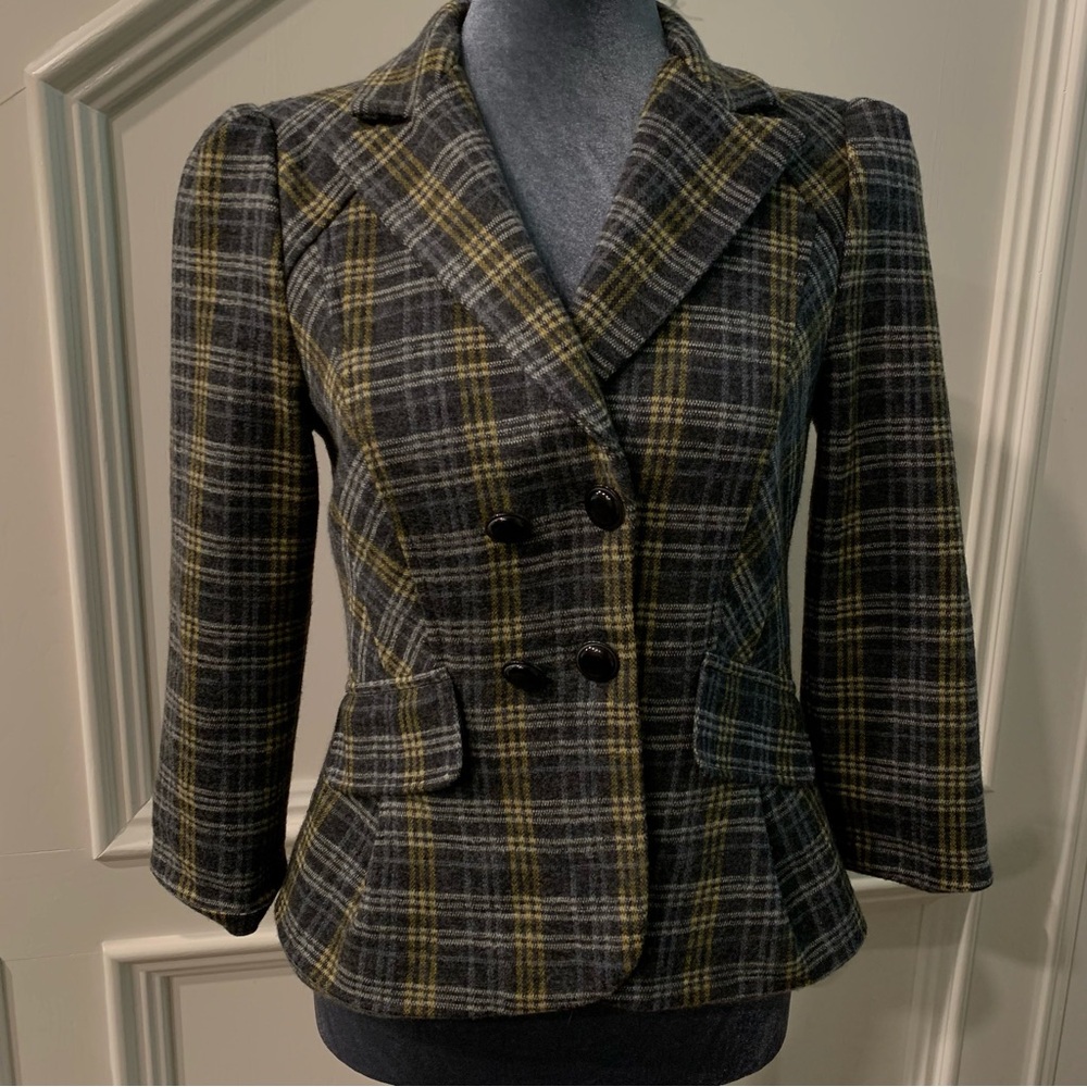Nanette Lepore Yellow Plaid Double Breasted Wool Blazer Size 4